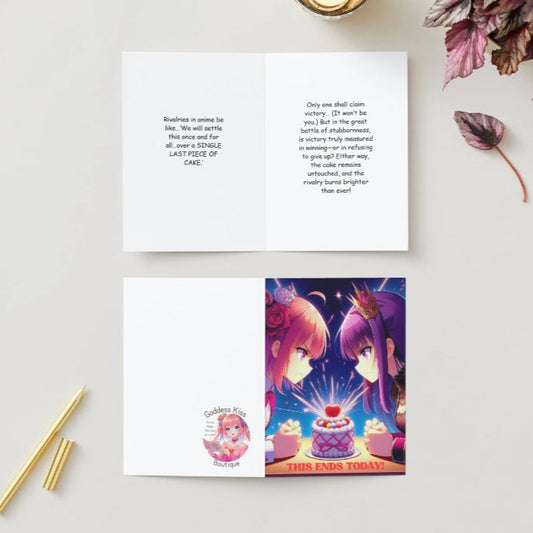 A humorous anime greeting card featuring two moe-anime rivals glaring at each other intensely, sparks flying, while a tiny cake sits between them, untouched.