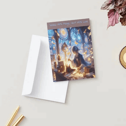 Illustration of an anime thank you card featuring an enchanted post office with floating letters, glowing wax seals, and magical shopkeepers crafting heartfelt messages under a cosmic blue light.