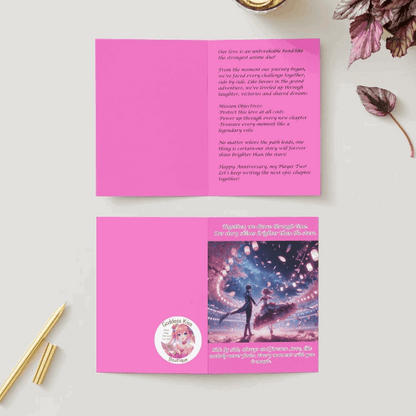 An anime-style anniversary card featuring a romantic couple dancing beneath glowing cherry blossoms, surrounded by softly lit lanterns and drifting petals.