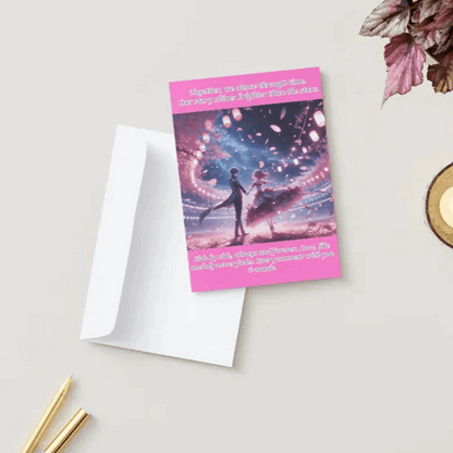 An anime-style anniversary card featuring a romantic couple dancing beneath glowing cherry blossoms, surrounded by softly lit lanterns and drifting petals.