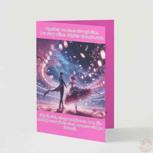 Romantic Anime Anniversary Card - Pink Cosmic Couple Love Journey Card - Relationship Milestone Greeting