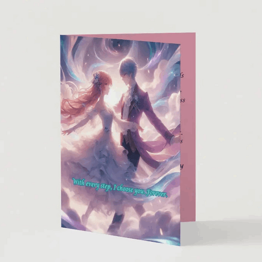 Illustration of an anime-style couple waltzing through the clouds, their flowing outfits blending into radiant swirls of light and color, symbolizing eternal love and harmony.