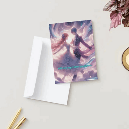 Illustration of an anime-style couple waltzing through the clouds, their flowing outfits blending into radiant swirls of light and color, symbolizing eternal love and harmony.