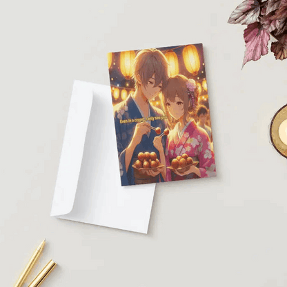 A folded Festival Romance anime anniversary card featuring an illustration of an anime couple dressed in yukata, sharing takoyaki under glowing festival lanterns. The front message reads: Even in a crowd, I only see you. Inside, a heartfelt love note reflects their deep connection amidst the bustling summer festival.