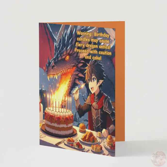Anime Birthday Card - Fiery Dragon Celebration - Fantasy Flame Greeting Card