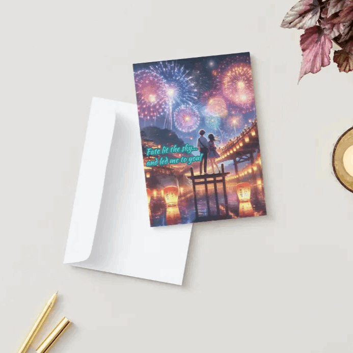 An anime-style anniversary card featuring a romantic couple standing on a festival bridge, surrounded by glowing lanterns and dazzling heart-shaped fireworks.