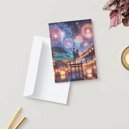 An anime-style anniversary card featuring a romantic couple standing on a festival bridge, surrounded by glowing lanterns and dazzling heart-shaped fireworks.
