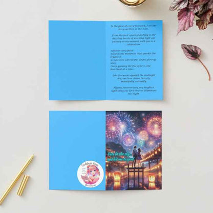 Japanese Fireworks Festival Anime Anniversary Card - Romantic Night Sky Couple Card - Love Celebration Greeting