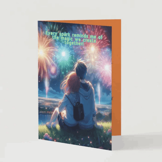 A folded Fireworks of Love anime anniversary card featuring an illustration of two anime lovers sitting on a grassy hill at night, watching fireworks illuminate the sky while leaning against each other. The front reads: Every spark reminds me of the magic we create together. Inside, a heartfelt message celebrates the wonder and brilliance of their love story.