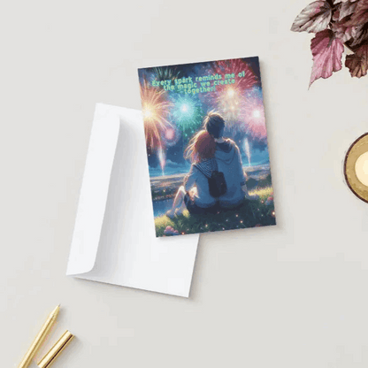 A folded Fireworks of Love anime anniversary card featuring an illustration of two anime lovers sitting on a grassy hill at night, watching fireworks illuminate the sky while leaning against each other. The front reads: Every spark reminds me of the magic we create together. Inside, a heartfelt message celebrates the wonder and brilliance of their love story.