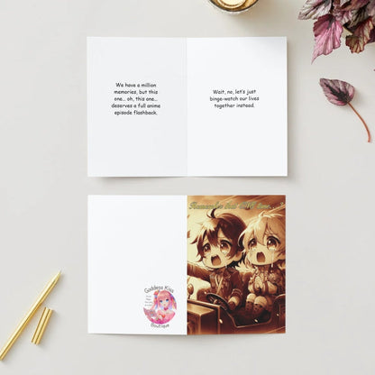 An anime-inspired friendship card featuring nostalgic humor. The text reminisces about shared memories and jokes about turning them into an anime flashback or binge-watching their lives together. A sepia-toned illustration shows two friends excitedly watching TV. The card is displayed on a white surface with a gold pen, pencil, and purple-leafed plant nearby.