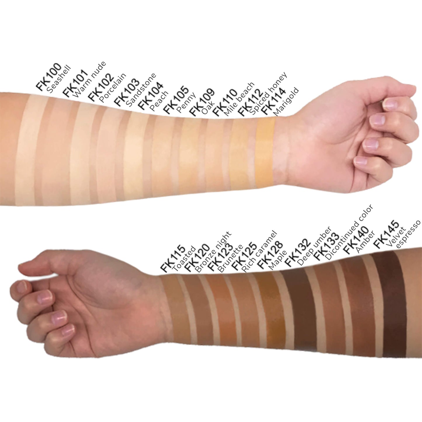 Swatches of Radiant Glow Foundation - 16 Shades | Natural Medium to Full Coverage Vegan Paraben-free (30 mL)