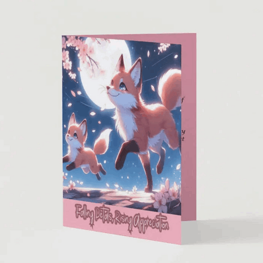 Illustration of playful anime-style fox cubs chasing drifting cherry blossoms under the moonlight, their fur softly glowing in the serene night setting.