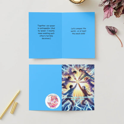 Anime Friendship Greeting Card featuring two characters in a glowing power-up moment, holding hands as energy waves surge around them. Front text reads: 'Activating: Friendship Boost X-1000!' Inside message celebrates humor, loyalty, and adventure in friendship.