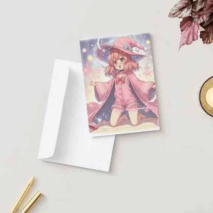 A colorful anime humor greeting card featuring a Gekiga-style magical girl mid-transformation, surprised as her outfit turns into pajamas instead of her heroic costume.