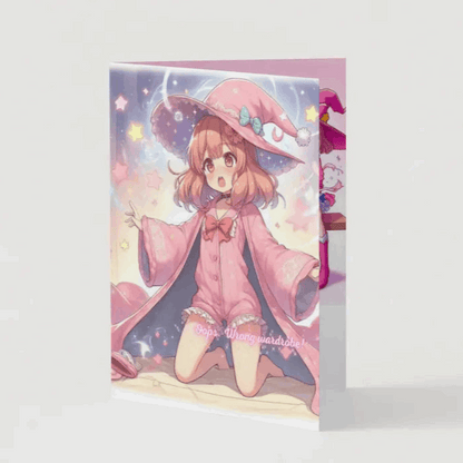 A colorful anime humor greeting card featuring a Gekiga-style magical girl mid-transformation, surprised as her outfit turns into pajamas instead of her heroic costume.