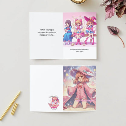 A colorful anime humor greeting card featuring a Gekiga-style magical girl mid-transformation, surprised as her outfit turns into pajamas instead of her heroic costume.