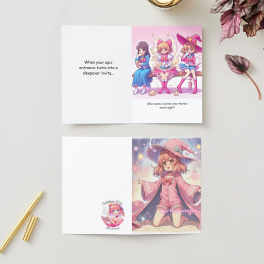 A colorful anime humor greeting card featuring a Gekiga-style magical girl mid-transformation, surprised as her outfit turns into pajamas instead of her heroic costume.