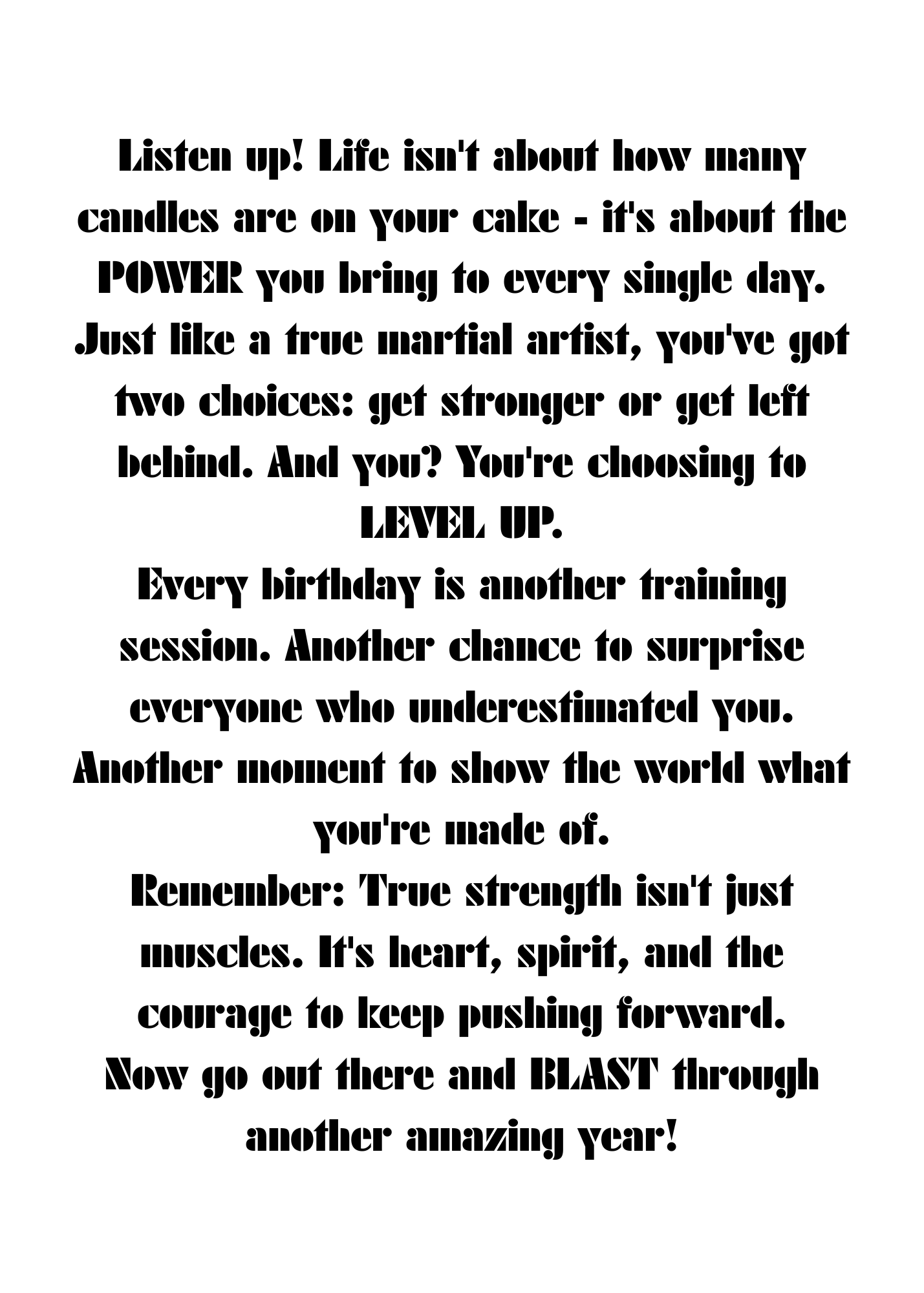 Front Image:
Dragon Ball Z Master Roshi birthday greeting card featuring Turtle Hermit in martial arts pose with Kamehameha energy and blue background
Inside Image:
Inspirational birthday message inside Master Roshi greeting card celebrating true strength, training, and leveling up