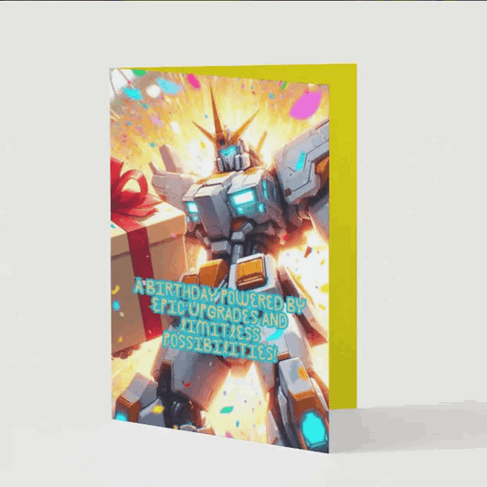 A towering anime mecha hero bursts onto the scene, surrounded by electrifying energy blasts and a shower of colorful confetti explosions. Its metallic armor gleams under the neon-lit city skyline, radiating unstoppable power and celebration. In its massive hands, the robotic giant holds an enormous wrapped gift—gripped like a treasured artifact—ready to deliver birthday excitement. The scene is dynamic and thrilling, capturing the futuristic, high-tech energy of an unforgettable birthday celebration.