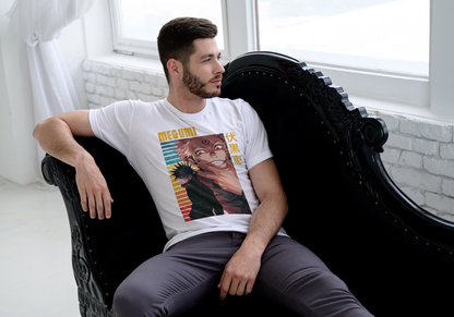 PREMIUM HEATHER - BACK Jujutsu Kaisen Megumi Fushiguro and Sukuna anime t-shirt featuring rainbow gradient split possession portrait design on unisex triblend fabric
