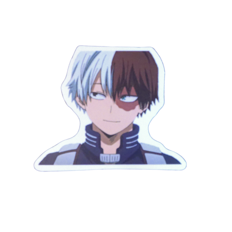 Collection of 100 My Hero Academia anime character stickers featuring popular heroes like Deku, Bakugo, Todoroki, All Might, and other beloved MHA characters, available as individual $1 vinyl stickers