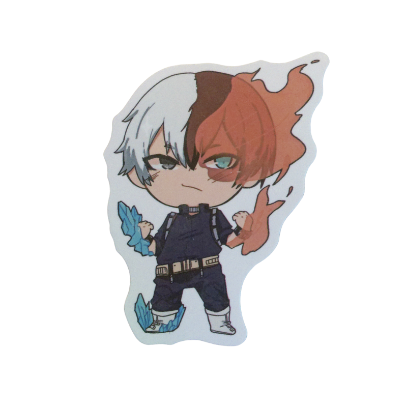 Collection of 100 My Hero Academia anime character stickers featuring popular heroes like Deku, Bakugo, Todoroki, All Might, and other beloved MHA characters, available as individual $1 vinyl stickers