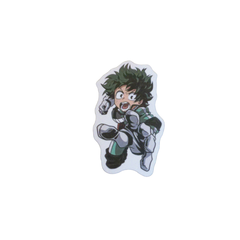 Collection of 100 My Hero Academia anime character stickers featuring popular heroes like Deku, Bakugo, Todoroki, All Might, and other beloved MHA characters, available as individual $1 vinyl stickers