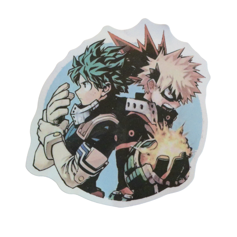 Collection of 100 My Hero Academia anime character stickers featuring popular heroes like Deku, Bakugo, Todoroki, All Might, and other beloved MHA characters, available as individual $1 vinyl stickers