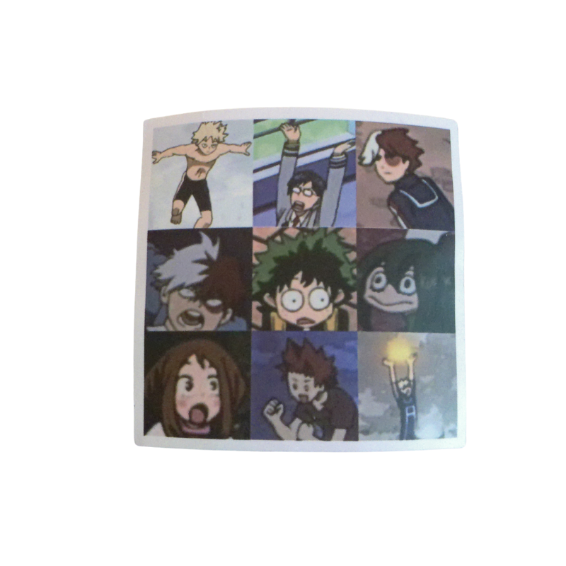 Collection of 100 My Hero Academia anime character stickers featuring popular heroes like Deku, Bakugo, Todoroki, All Might, and other beloved MHA characters, available as individual $1 vinyl stickers