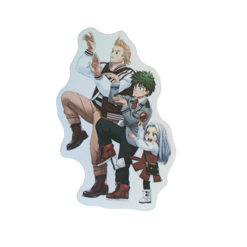 Collection of 100 My Hero Academia anime character stickers featuring popular heroes like Deku, Bakugo, Todoroki, All Might, and other beloved MHA characters, available as individual $1 vinyl stickers