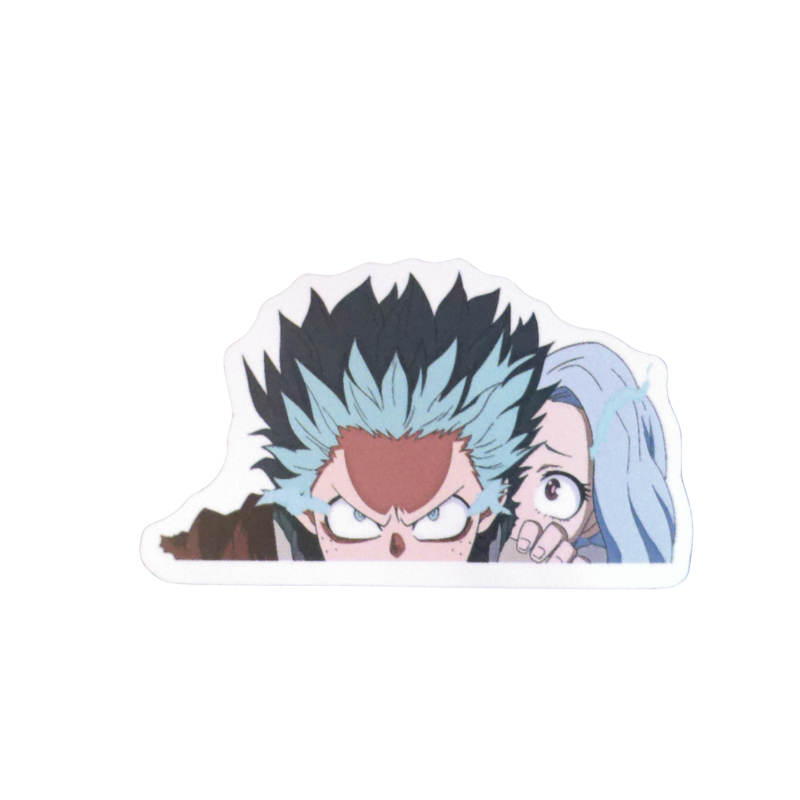 Collection of 100 My Hero Academia anime character stickers featuring popular heroes like Deku, Bakugo, Todoroki, All Might, and other beloved MHA characters, available as individual $1 vinyl stickers