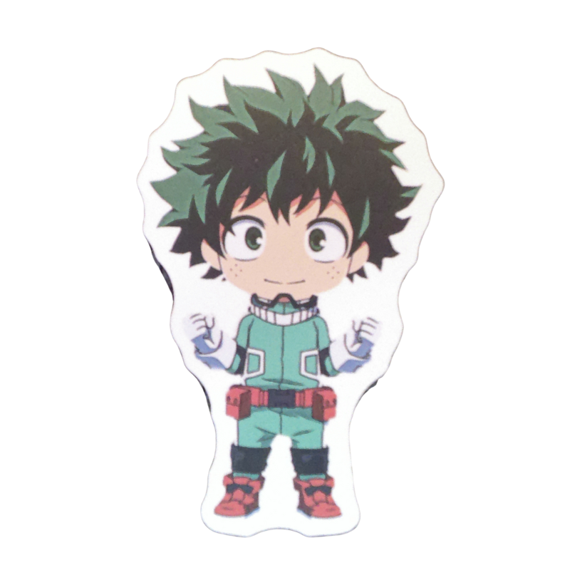 Collection of 100 My Hero Academia anime character stickers featuring popular heroes like Deku, Bakugo, Todoroki, All Might, and other beloved MHA characters, available as individual $1 vinyl stickers