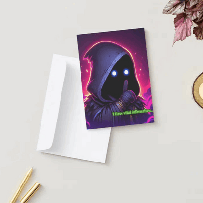 A colorful anime humor greeting card featuring a shadowy chibi character with glowing eyes, peeking from their cloak, delivering “I have vital information…” with dramatic flair.