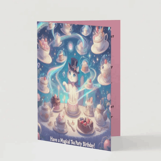 A beautifully illustrated anime birthday card featuring a cozy magical tea party, with enchanted teacups swirling with sparkling birthday wishes. Floating desserts and a charming cat spirit in a top hat complete the whimsical scene.