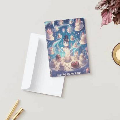A beautifully illustrated anime birthday card featuring a cozy magical tea party, with enchanted teacups swirling with sparkling birthday wishes. Floating desserts and a charming cat spirit in a top hat complete the whimsical scene.