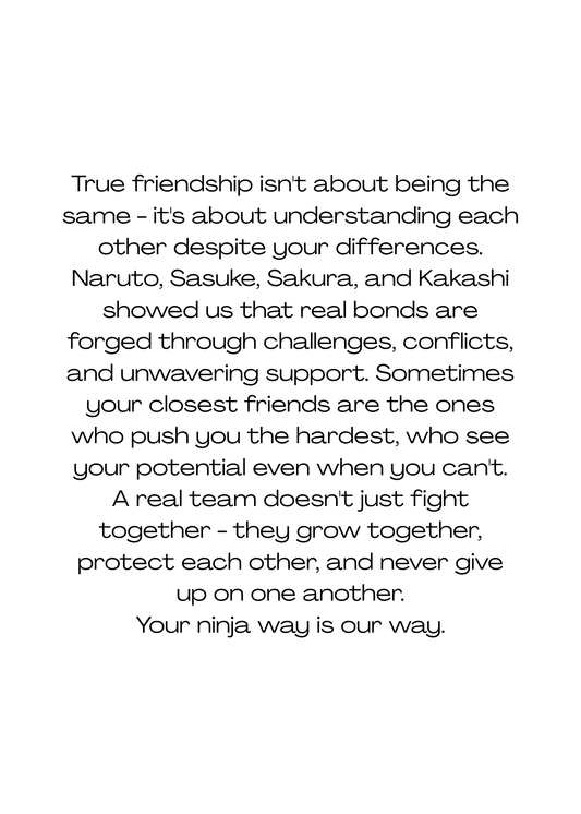 Front Image:
Naruto Team 7 friendship greeting card featuring Naruto, Sasuke, Sakura, and Kakashi with peach and blue gradient background
Inside Image:
Heartfelt friendship and teamwork message inside Naruto Team 7 greeting card celebrating bonds stronger than blood