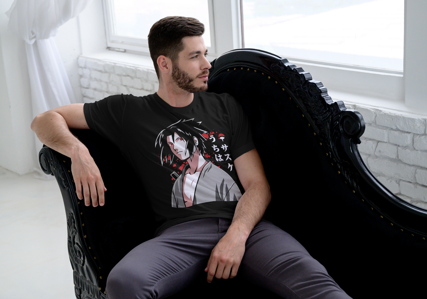 Naruto Sasuke Uchiha anime t-shirt featuring Sharingan portrait design on unisex triblend fabric
