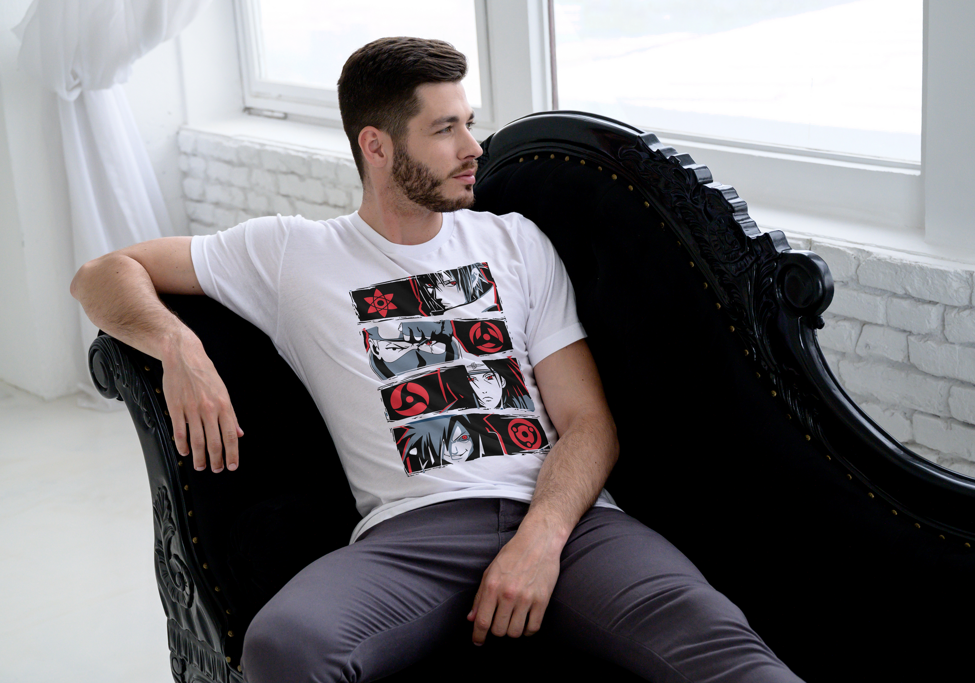 Naruto Sharingan evolution anime t-shirt featuring Uchiha clan multi-panel design with Mangekyo Sharingan on unisex triblend fabric
