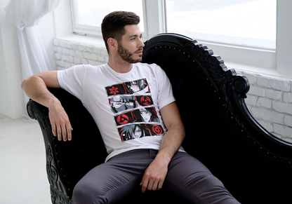 Naruto Sharingan evolution anime t-shirt featuring Uchiha clan multi-panel design with Mangekyo Sharingan on unisex triblend fabric
