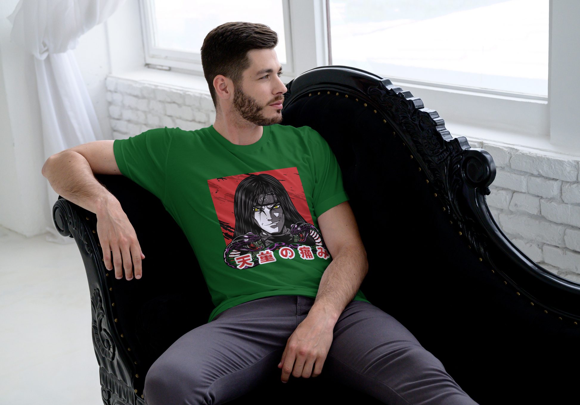 Naruto Itachi Uchiha anime t-shirt featuring Mangekyo Sharingan portrait design on unisex triblend fabric
