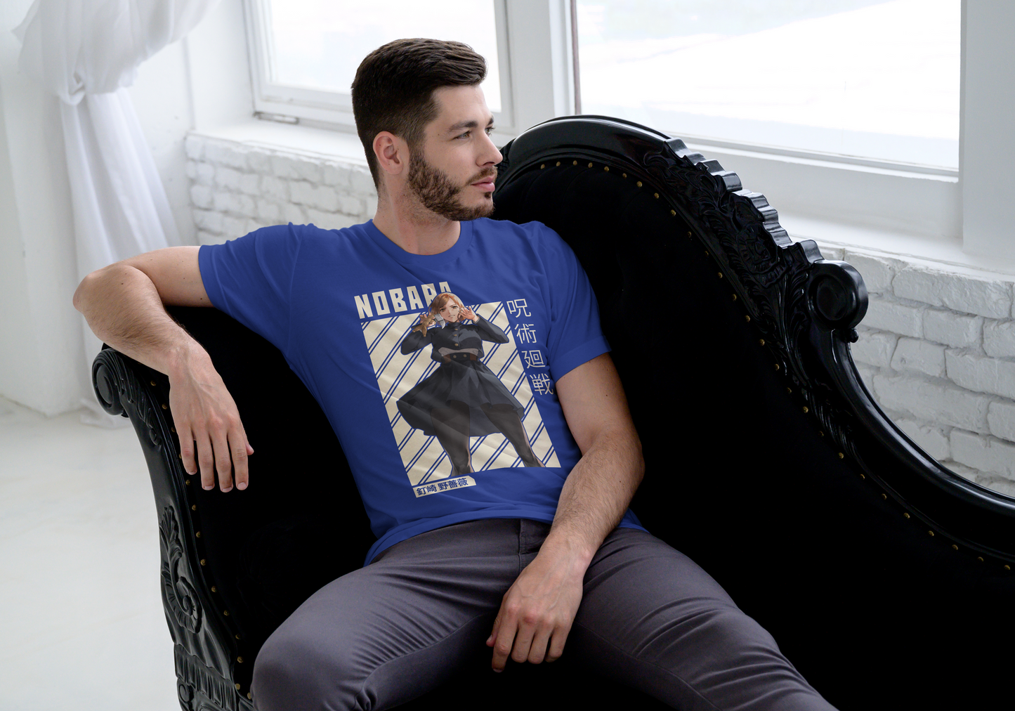 Tahiti Blue - BACK Jujutsu Kaisen Nobara Kugisaki anime t-shirt featuring combat ready portrait with hammer and nails on unisex triblend fabric
