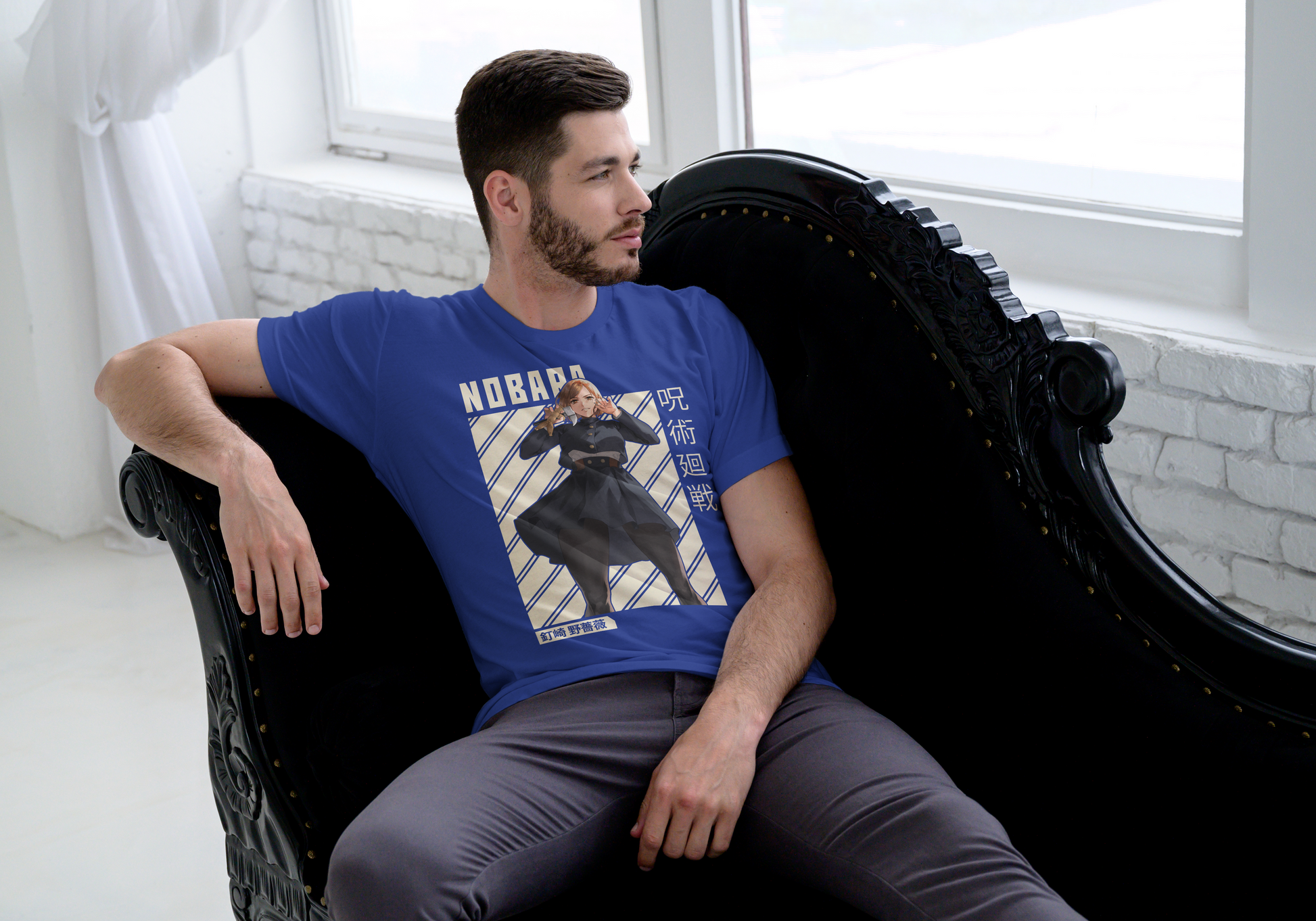 Tahiti Blue - BACK Jujutsu Kaisen Nobara Kugisaki anime t-shirt featuring combat ready portrait with hammer and nails on unisex triblend fabric
