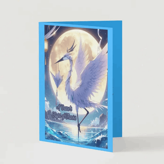 Illustration of an elegant anime-style origami crane, perched on the edge of a full moon, carrying a delicate scroll of gratitude.