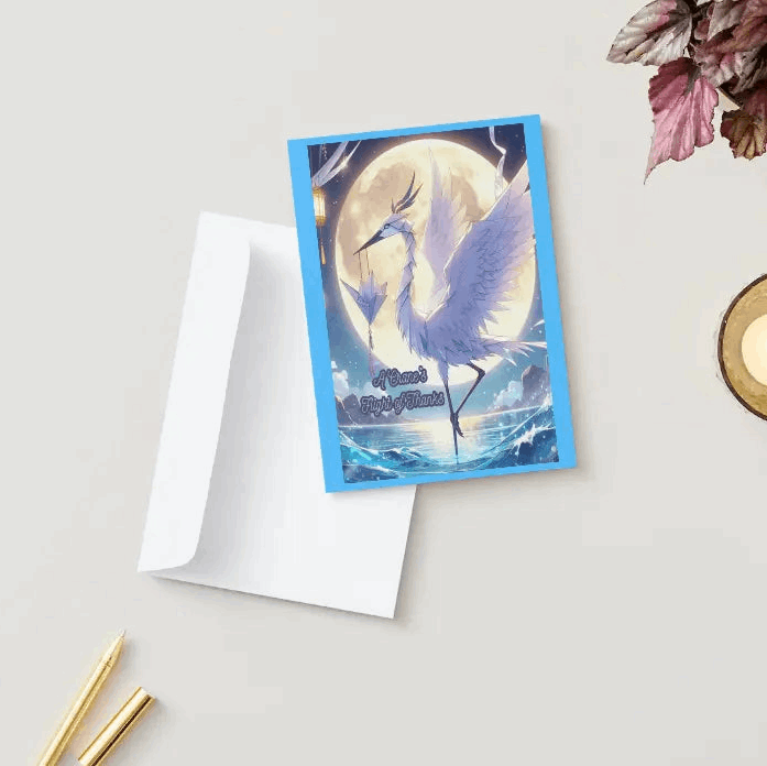 Illustration of an elegant anime-style origami crane, perched on the edge of a full moon, carrying a delicate scroll of gratitude.