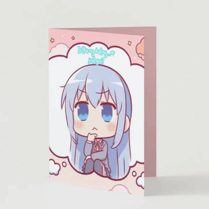 A colorful anime humor greeting card featuring a kawaii protagonist staring wistfully into the distance, surrounded by swirling thought bubbles of existential crisis.