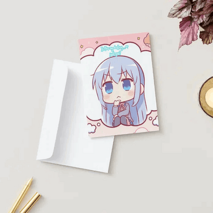 A colorful anime humor greeting card featuring a kawaii protagonist staring wistfully into the distance, surrounded by swirling thought bubbles of existential crisis.