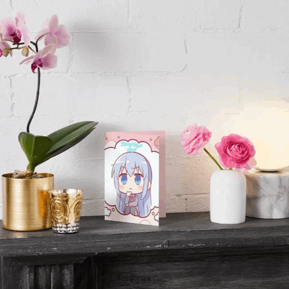 A colorful anime humor greeting card featuring a kawaii protagonist staring wistfully into the distance, surrounded by swirling thought bubbles of existential crisis.