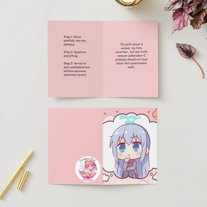 A colorful anime humor greeting card featuring a kawaii protagonist staring wistfully into the distance, surrounded by swirling thought bubbles of existential crisis.