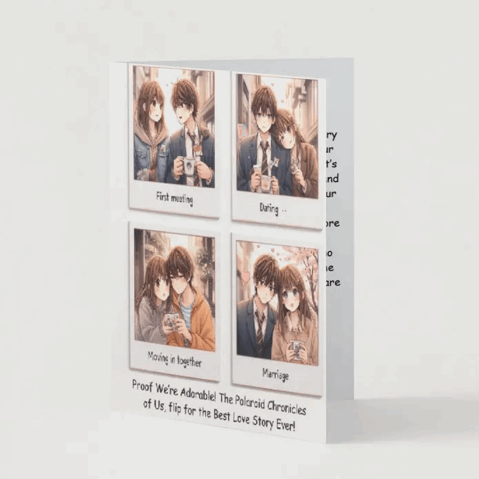 A folded Polaroid Love Story anime anniversary card featuring scrapbook-style Polaroid snapshots of a couple’s romantic journey—meeting, dating, moving in, and marriage. The front message reads: The Polaroid Chronicles of Us, flip for the Best Love Story Ever! Inside, a heartfelt message celebrates the beauty of their love story.